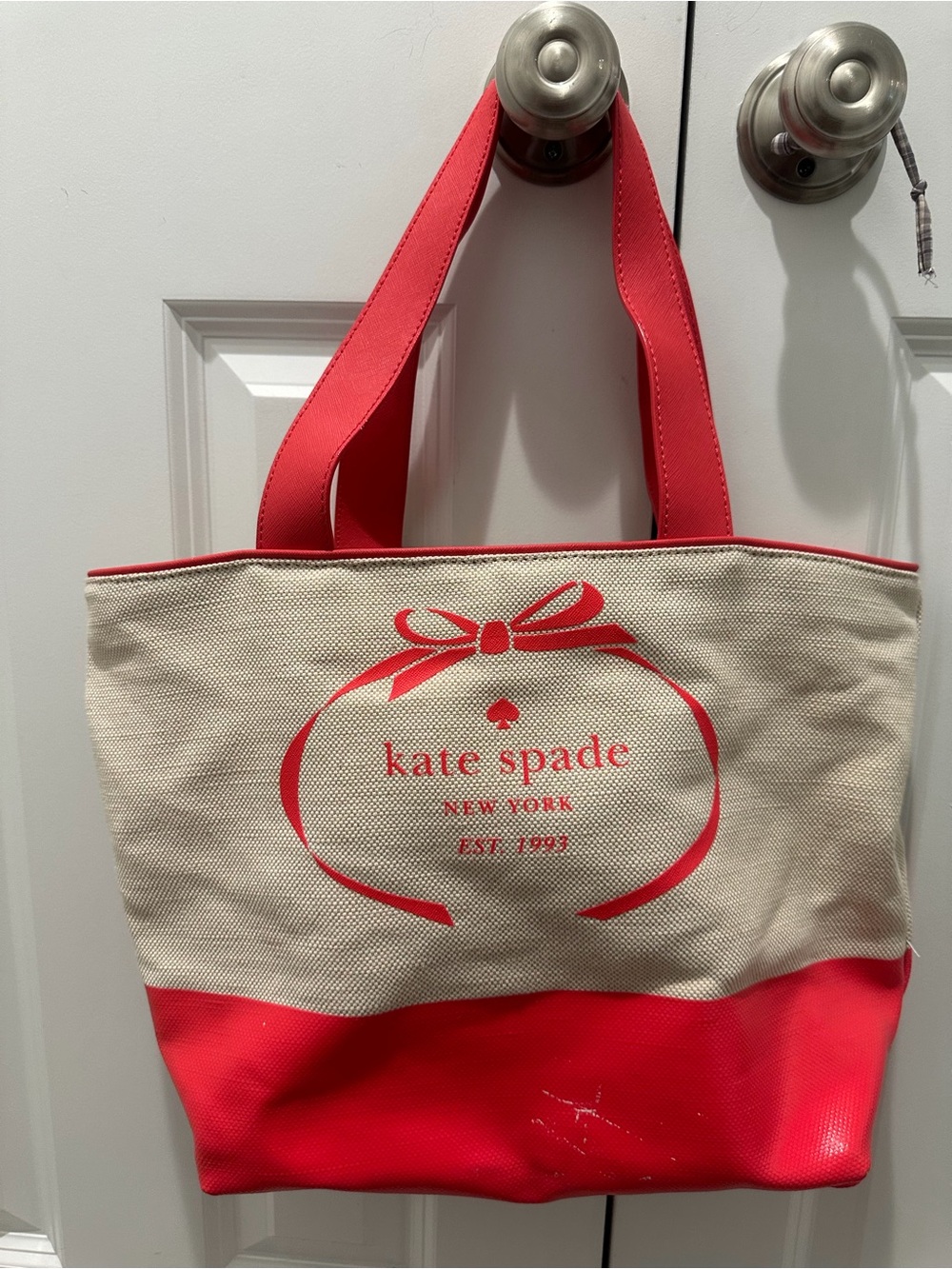 kate spade Canvas Tote in Cream and Red with Bow Logo